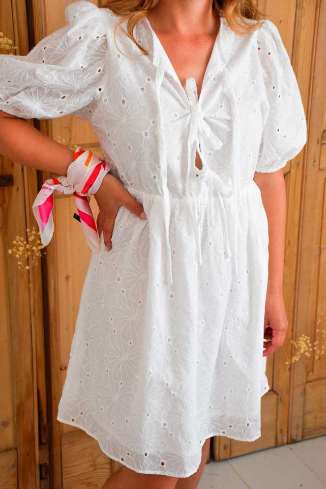 HANIE White Embroidered Bow Dress  - 1