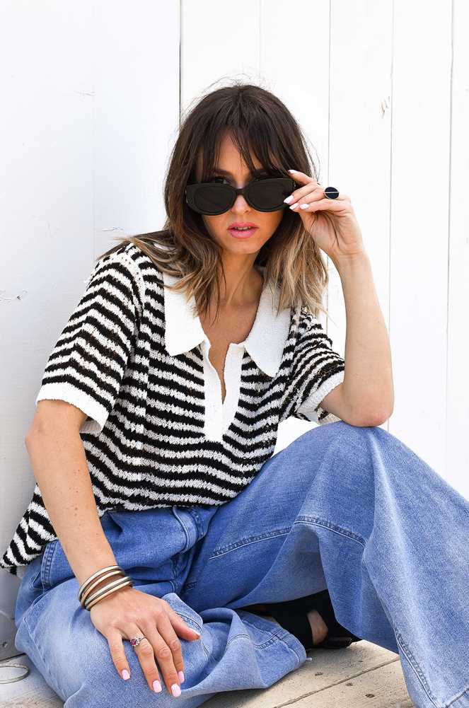 NAYA Black Ecru Macrame Striped Top Noho - 1