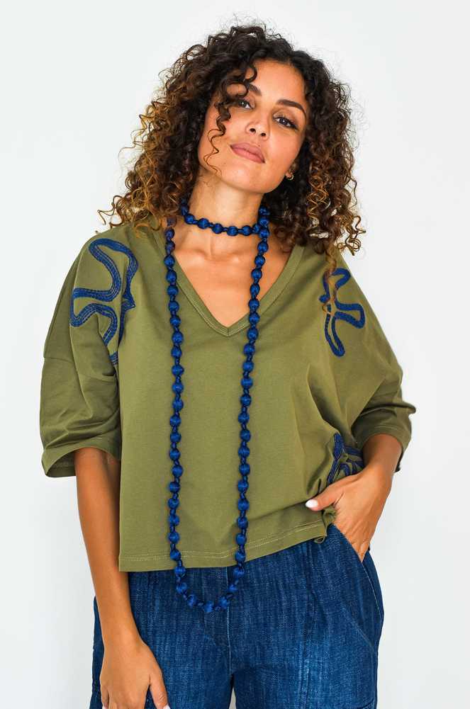 Embroidered Khaki T-Shirt ARYA Noho - 1