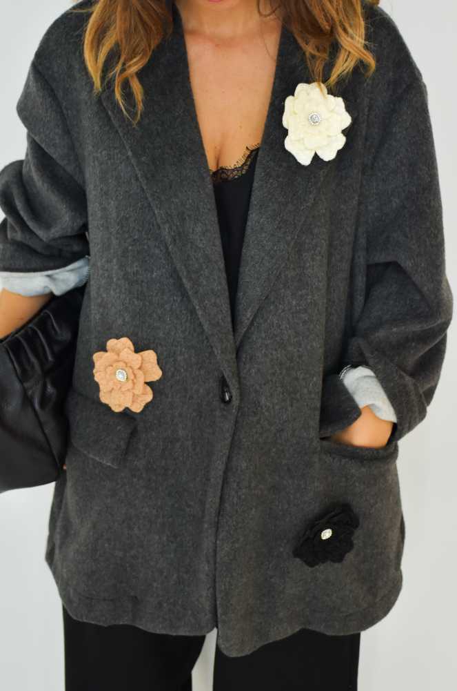 Manteau Fleurs Anthracite THEA Noho - 1